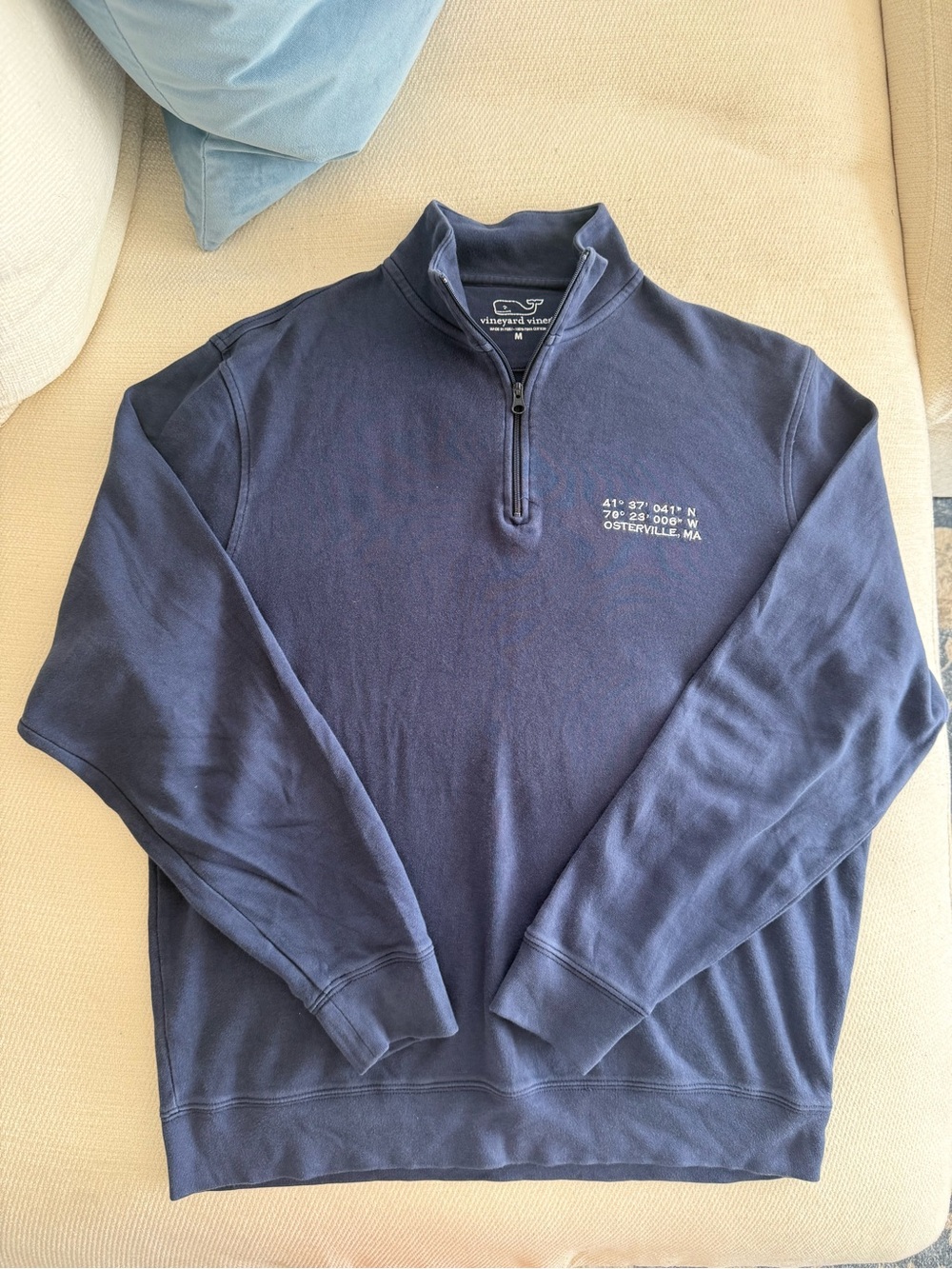 Vineyard Vines Men’s Quarter Zip in Navy Blue with Nantucket Coordinates